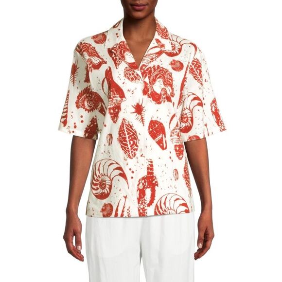 Rebecca Taylor Sea Shore Cabana Red White Seashell Print Linen Shirt Size Large - Picture 1 of 13